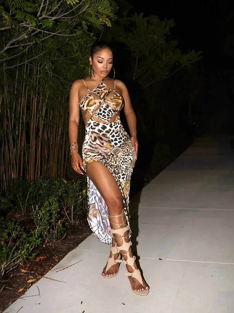 Sisterlinda Sexy Backless Dress Women Hollow Tiger Print Sleeveless Stretch Turtleneck Midnight Prom Party Clubwear Long Bodycon