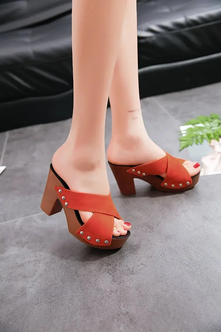 Women Sandals 2024 Summer New Square Platform Flock Casual Rivet Pumps Female Peep Toe Elegant High Heels Shoes Zapatos De Mujer