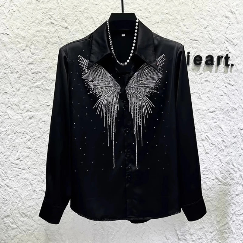 Heavy Industry Butterfly Rhinestone Shirt Men's Korean Version Shoulder Pad Versatile Casual Shirt Stage Performance Streetwear