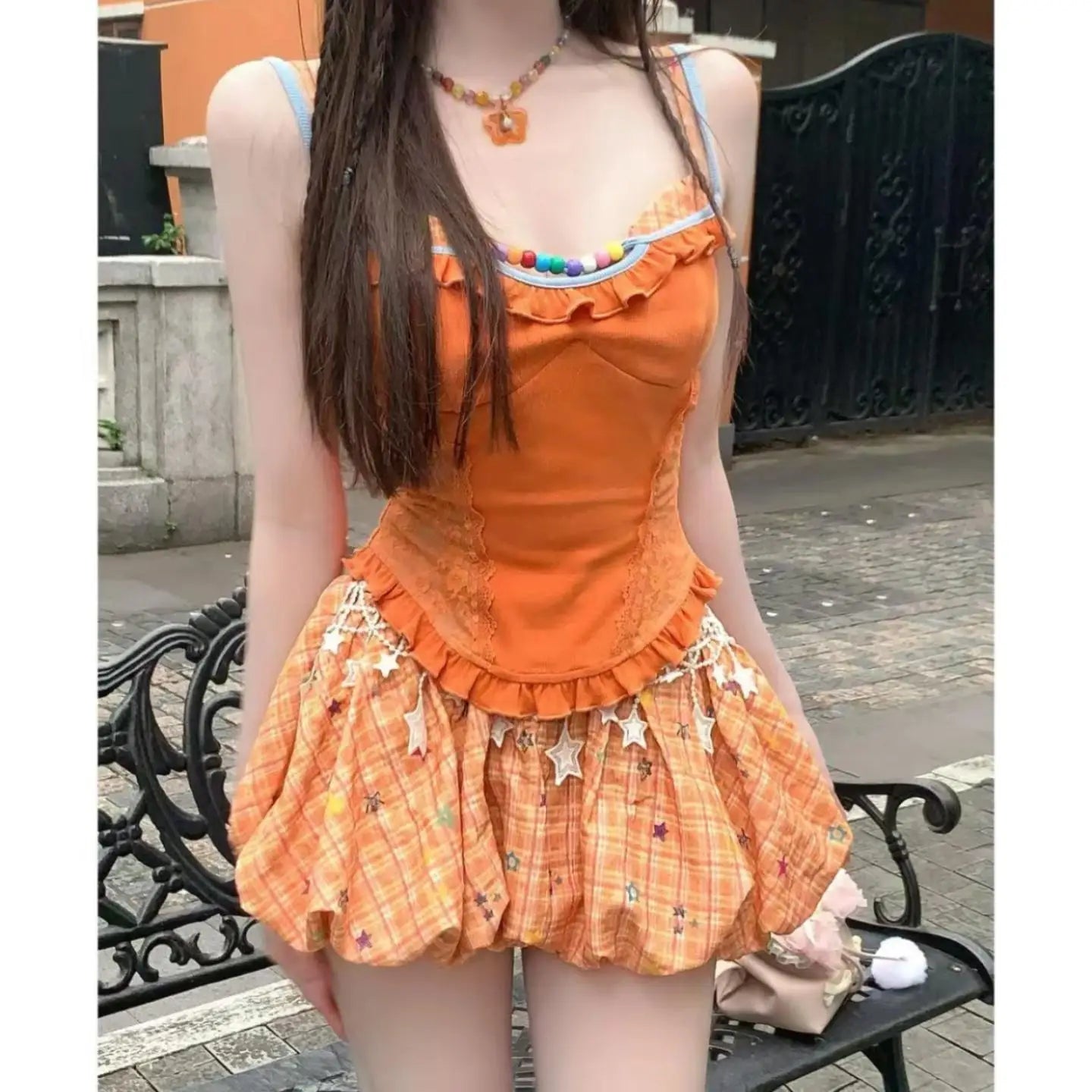 College Style Womens Retro Mini Skirt Orange Lace Striped Plaid Bud Skirt Y2k Millennium Summer Sweet Slim Dopamine Suspender