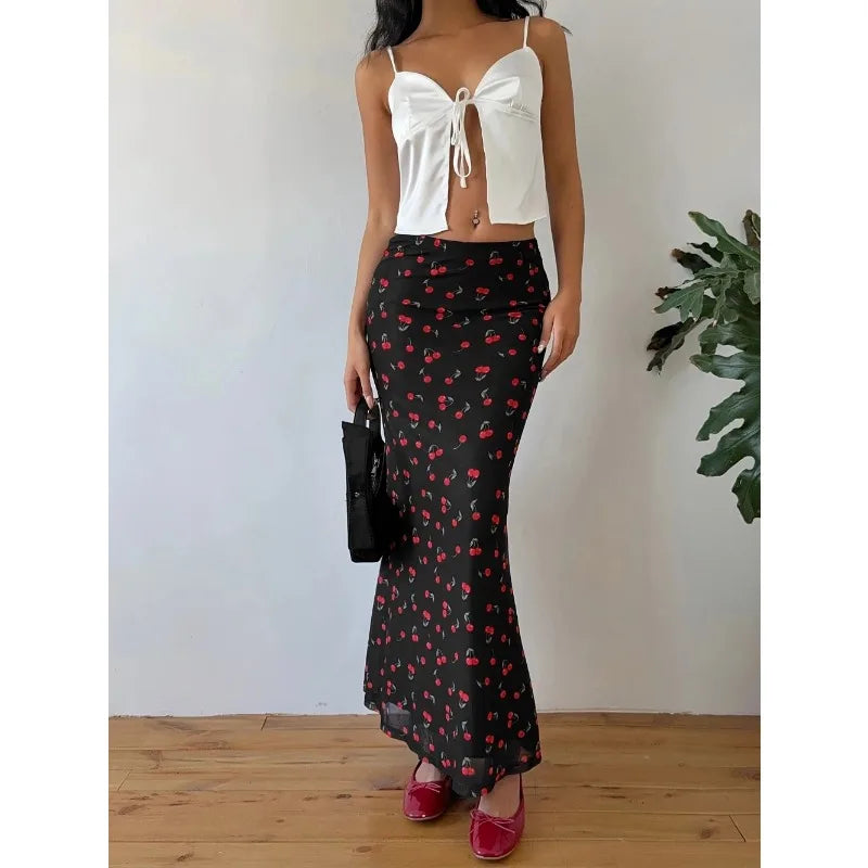 Summer Fashion Long Skirts for Women's Cherry Print High Waist Contrast Patchwork Slim Elegant Sexy Slim Ladies Y2k Maxi Skirt