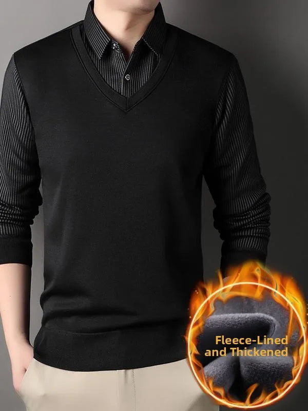 Men's Long Sve Fce Lined Knitted irt Busin Casual Sle Winter Warm Top Fake Two-Piece Design Comfortable Fit