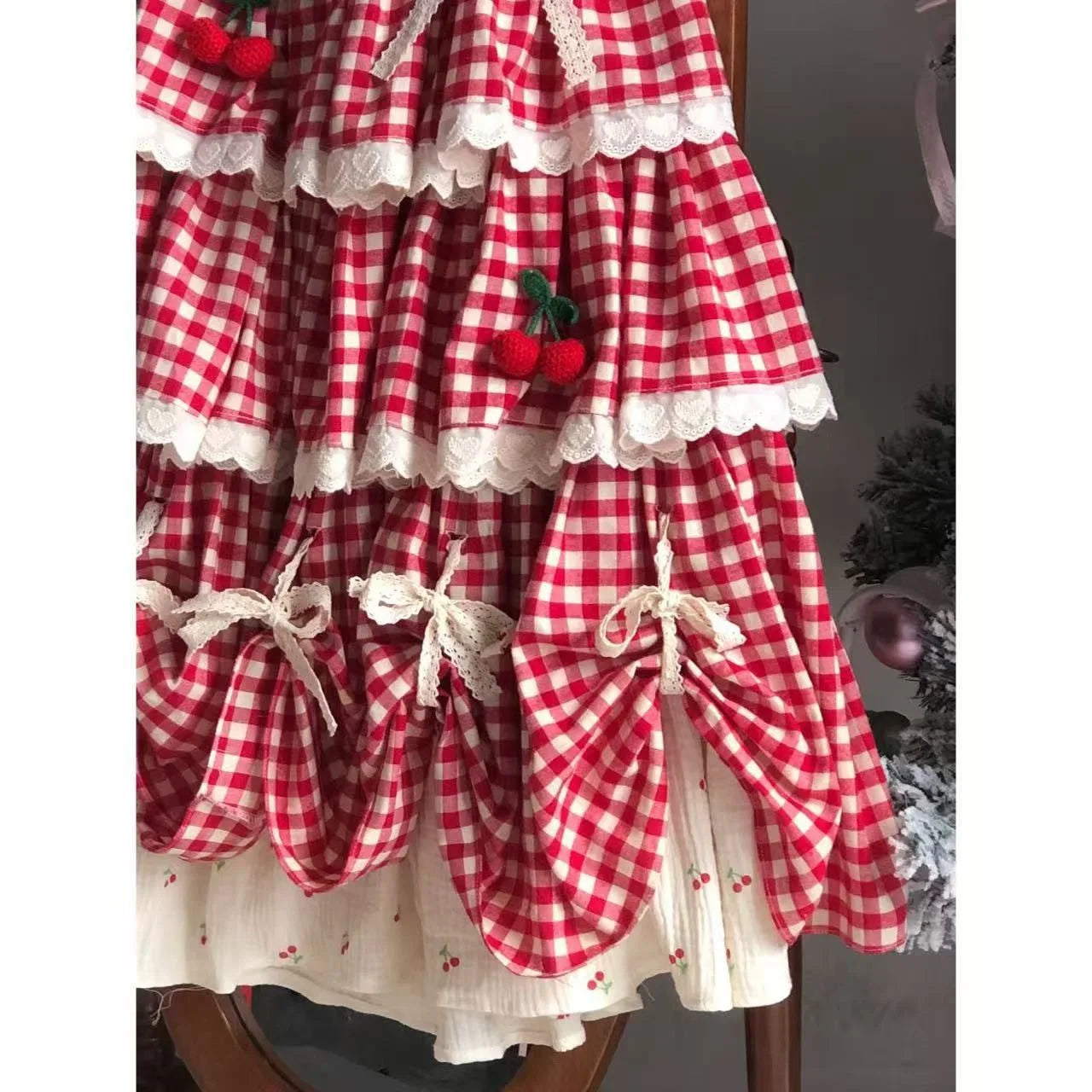Sweet Multi-Layered Ruffle Cake Skirt Women's Autumn Winter New Cherry Design Lace Half Skirt Fresh And Cute Style Midi Skirt