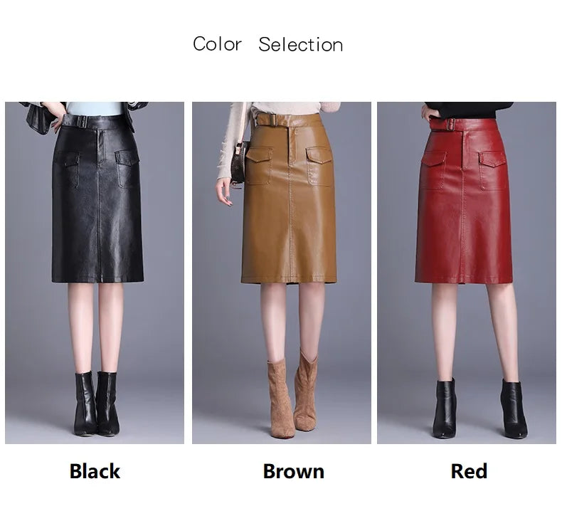 ZUZK Women  Knee Length PU Leather Skirt   Spring Autumn Solid Color Casual Straight Skirts PU Leather Skirts  3 Colors