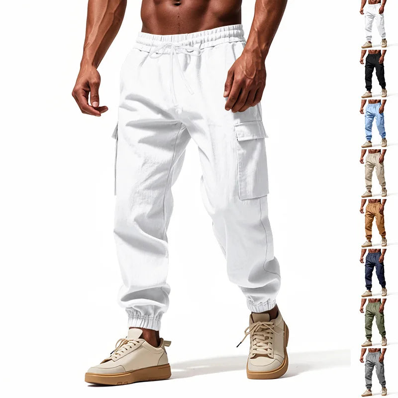 2025 New Men's Cotton and Linen Multi Pocket Ankle Pants, Loose Drawstring Pants Workwear Sports Trend Men's Pants