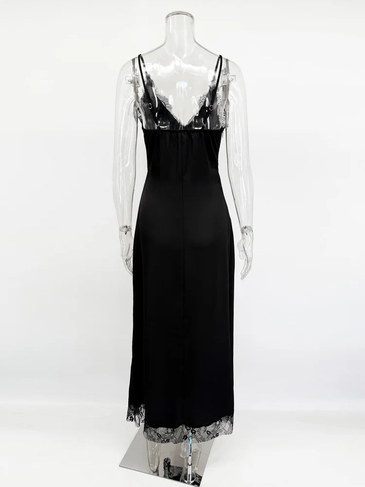 Tossy Black Lace Printed Long Dress For Women V-Neck Backless Slim Patchwork Spaghetti Party Dress Female Summer Bodycon Dress