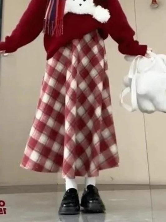 Red Plaid Midi Skirt Women Fall Winter Vintage High Waist Sweet Woolen Cloth Skirts Retro Loose Preppy Aesthetic Female Skirt