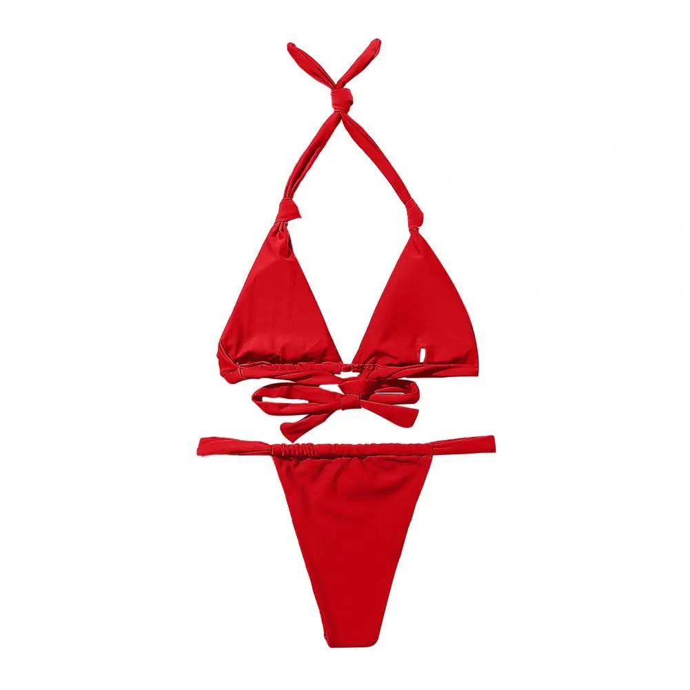 2Pcs/Set Women's Swimsuit 2025 Solid Color Halter Bikini Set With Padded Sexy Split Design Lady Swimwear Woman Clothing