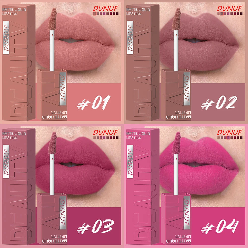 DUNUF  8-color matte velvet smooth easy-to-apply square tube lip gloss waterproof three-dimensional plumping lipstick