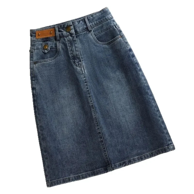 High Waist Denim Skirt Women's Spring Summer New Style Slimming Fashionable Versatile Small Size Draped Midi Skirt