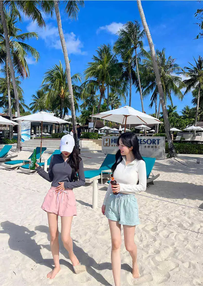 Fashionable Korean Dongdaemun Long Sleeve Women's Swimsuit Casual Beach Vacation Two Piece Conservative Student Bikini Set