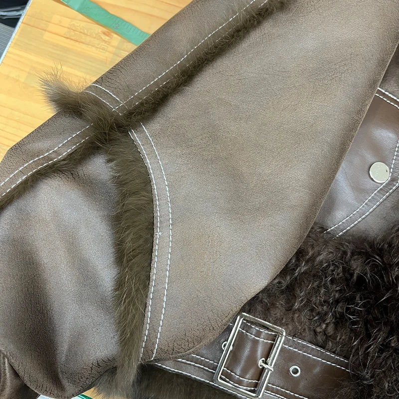 2025 New Real Fur Coat Winter Jacket Women Natural Rabbit Fur Lambswool Collar Luxury Outwear Loose Thick Warm Female Coat