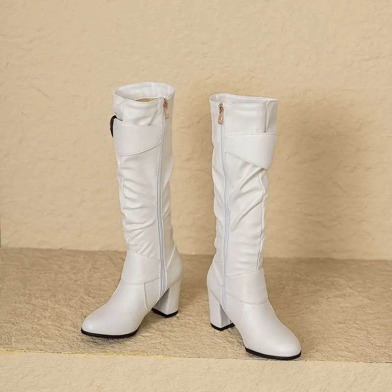 REAVE CAT Classic Women Knee High Boots Round Toe Block Heels 7.5cm 51 52 Pleated Fashion Booties