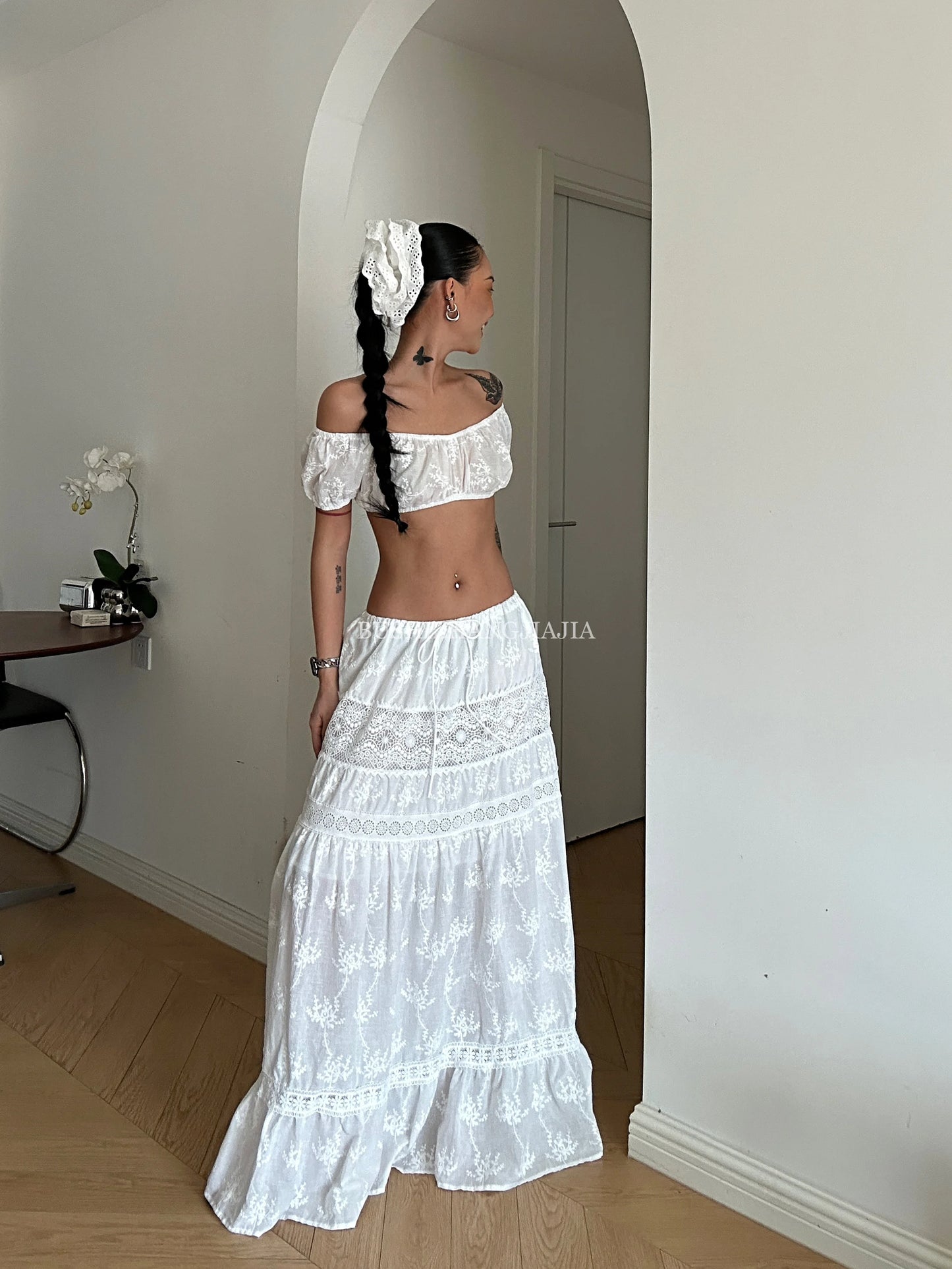 Women White Summer Outfit Botanical Garden Maxi Skirt