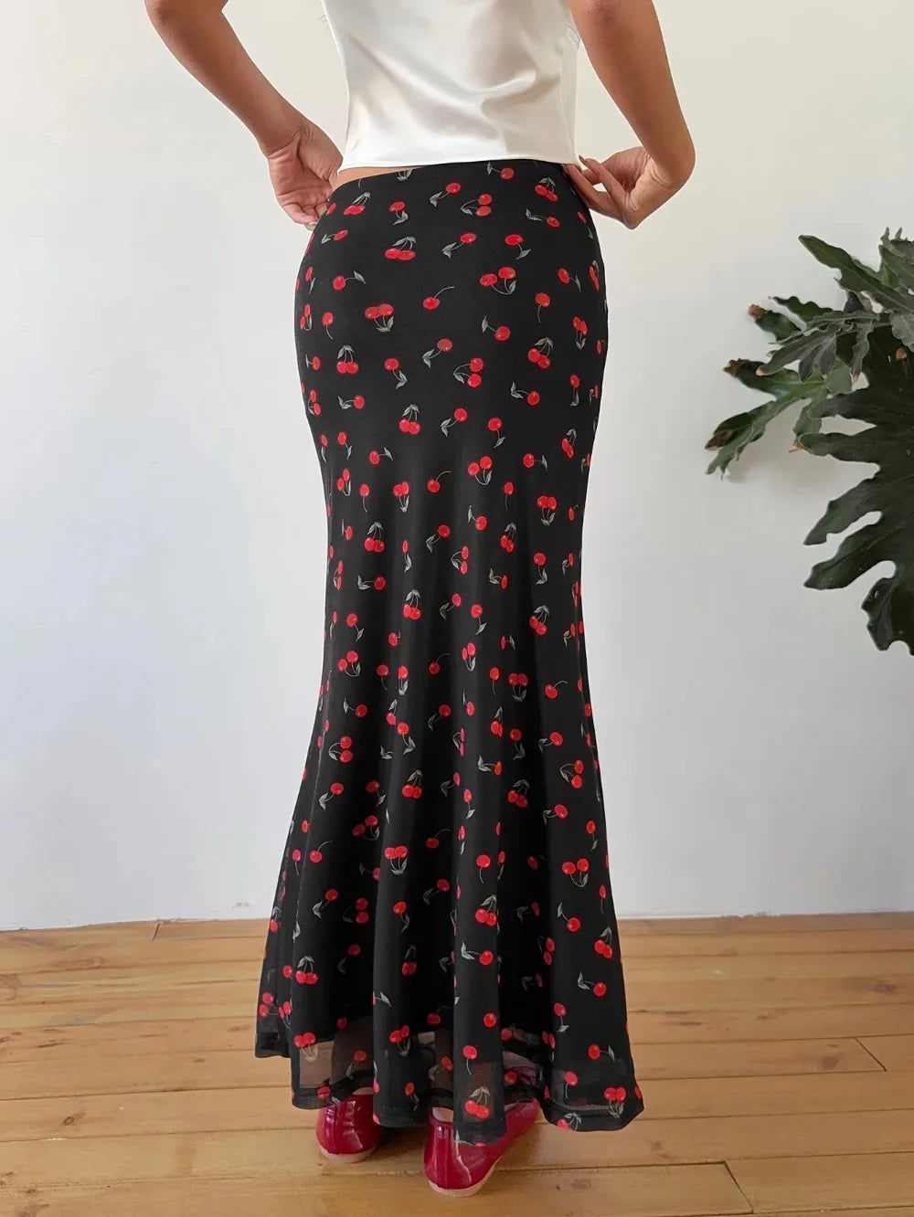 Summer Fashion Long Skirts for Women's Cherry Print High Waist Contrast Patchwork Slim Elegant Sexy Slim Ladies Y2k Maxi Skirt