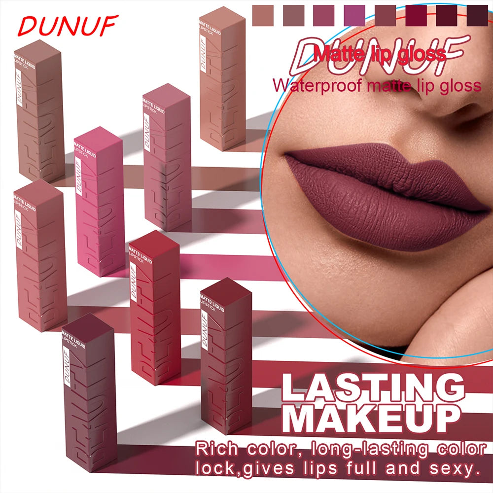 DUNUF  8-color matte velvet smooth easy-to-apply square tube lip gloss waterproof three-dimensional plumping lipstick