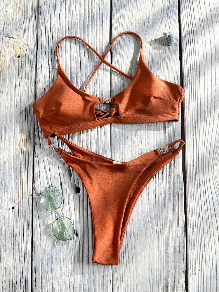 Miyouj Bandage Swimwear Summer Swimsuit High Cut Bikini Set Solid Sexy 2-Piece Suit New Bathsuit Hollow Out Thongs Beachwear