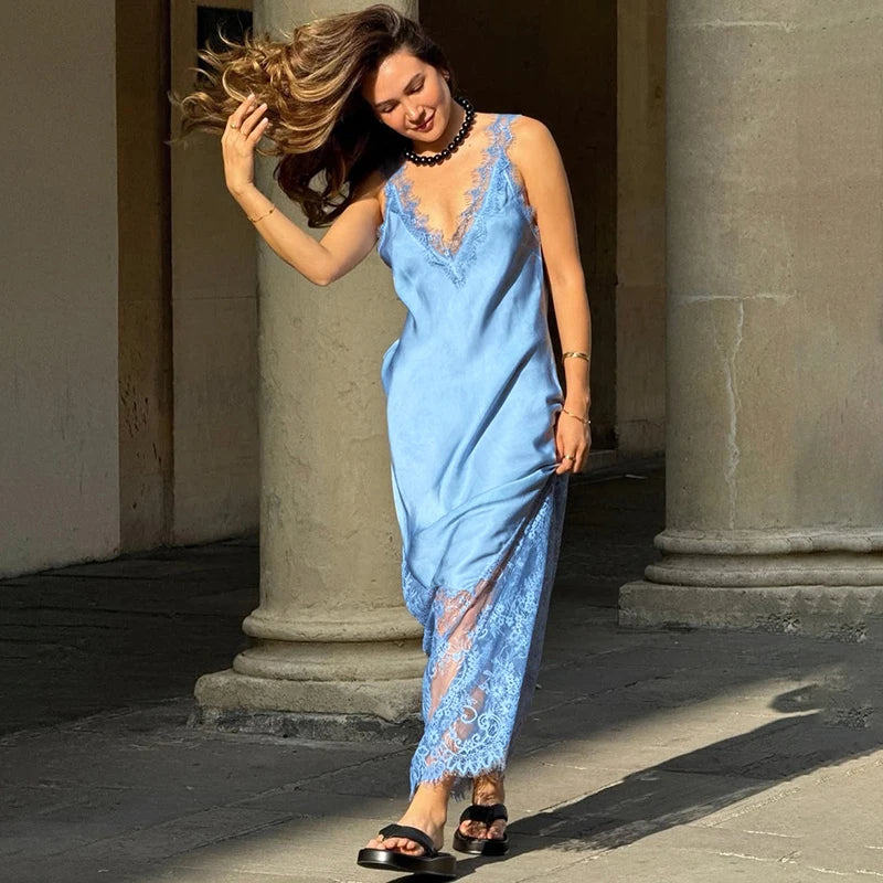 Tornova Sexy Spaghetti Strap Lace Dress For Women Fashion Splice Elegant Backless Long Dress Slim Vacation Party Female Clothes