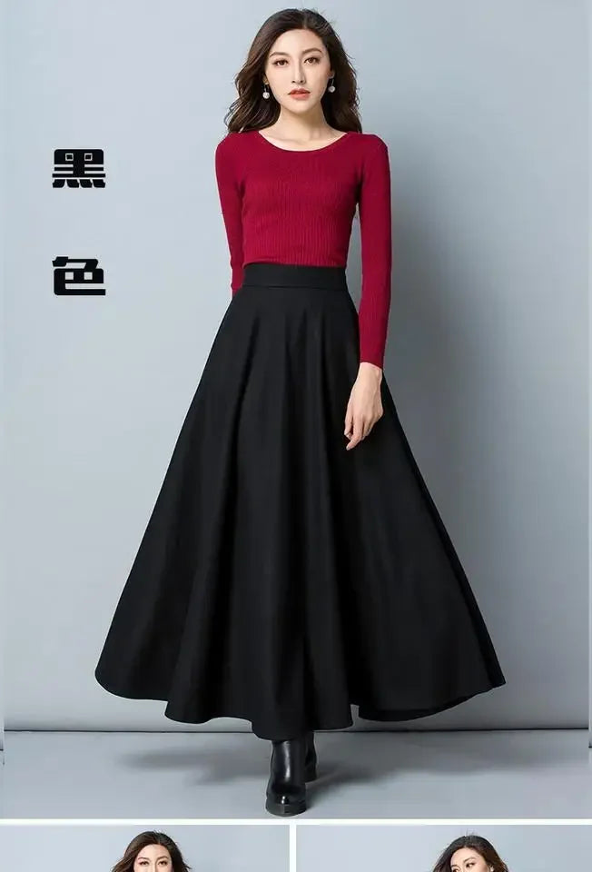 Autumn and Winter Solid Color Woolen Skirt Big Hem A- line Skirt High Waist Long Woman Skirts Mujer Faldas Saias Mulher