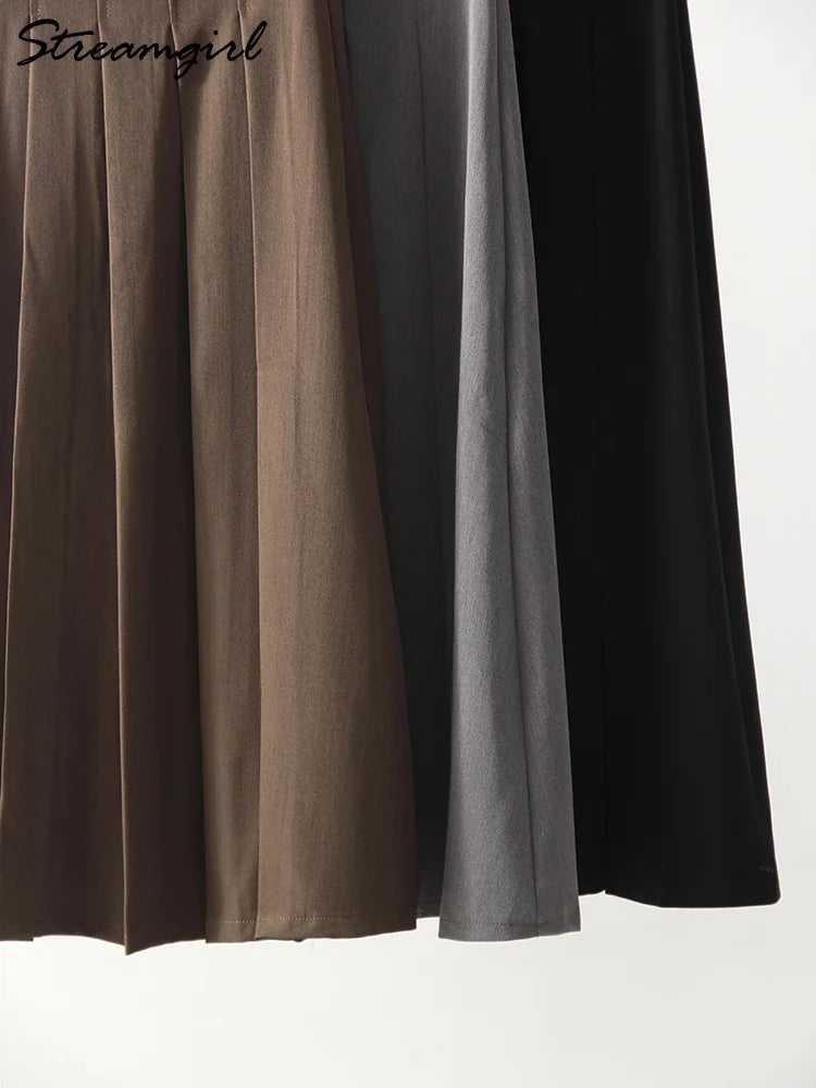 Gray Midi Pleated Skirts For Women Autumn 2024 High Waist A Line Maxi Zipper Skirts For Office Lady Long Skirt Woman Black