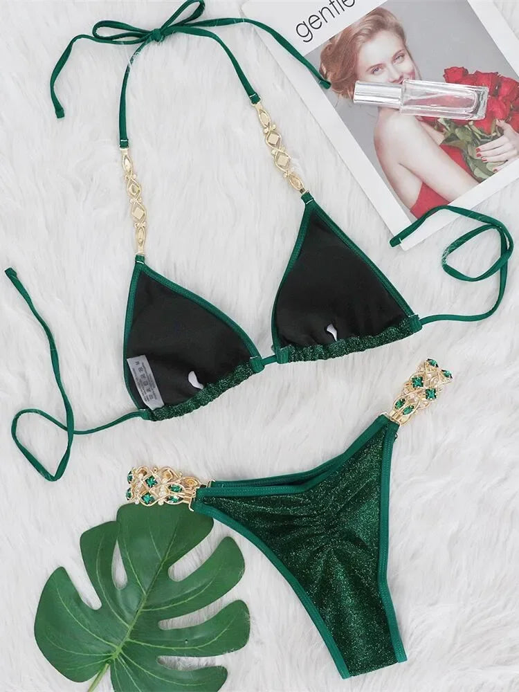 Sexy Bikinis Swimsuits Woman 2025 Luxury Rhinestones Push Up Diamond Thong Swimwear Shiny Gold Beach Bathing Suit Bikini Set