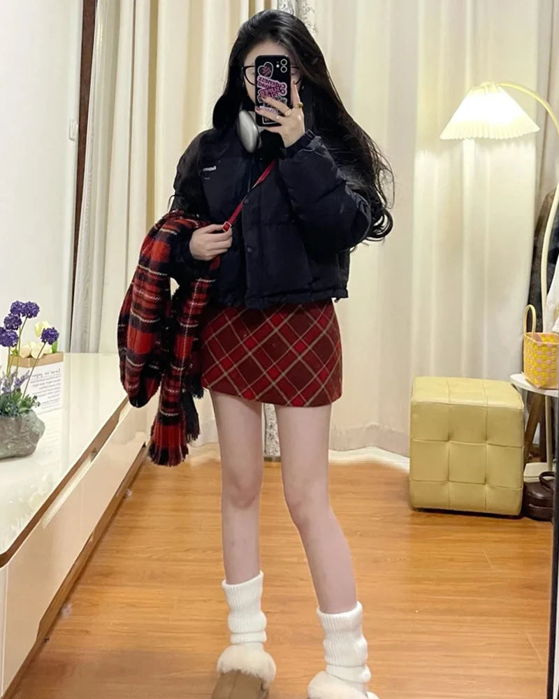 Autumn Winter Woolen Plaid Mini Skirt for Women College Casual All Match Short Skirts Woman Thicken Warm High Waist A-Line Skirt