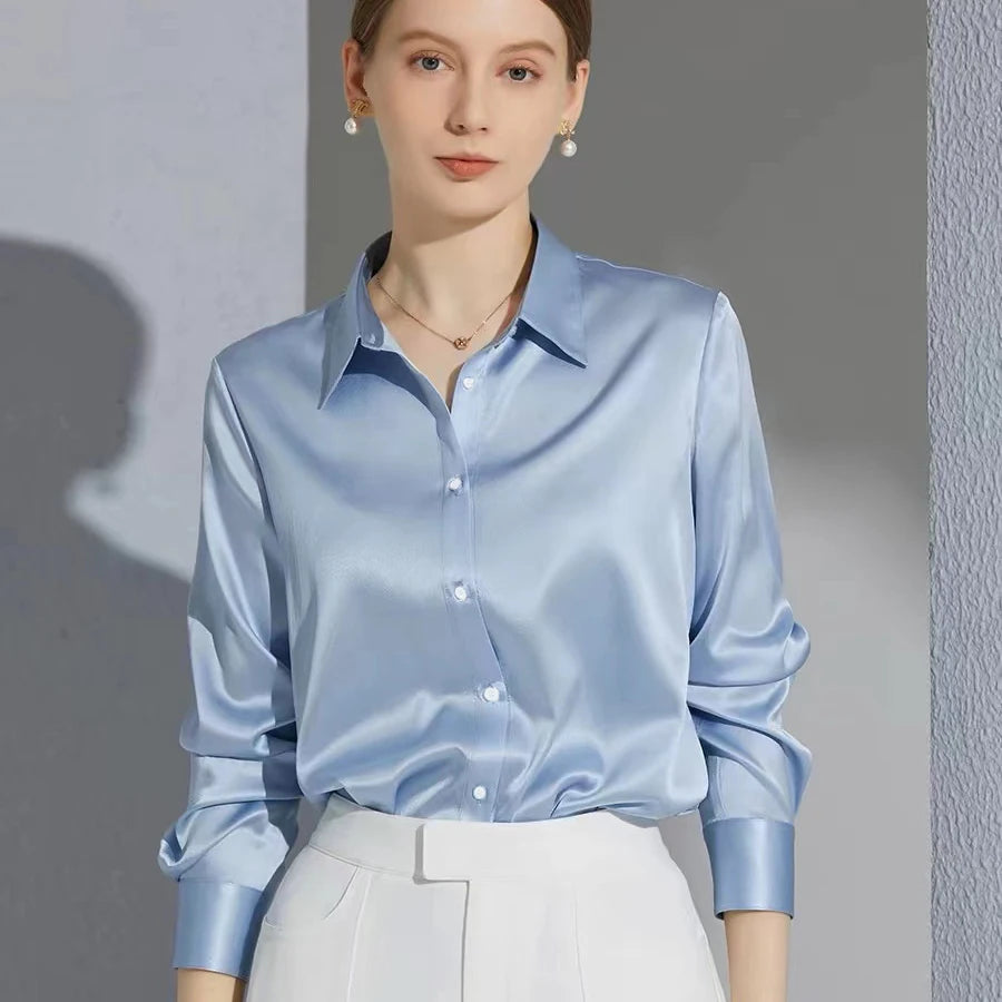 Luxury Satin Finish Shirts And Blouses For Women Clothes Casual Top OL Long Sleeve Single Breasted Elegant French Solid Blouses