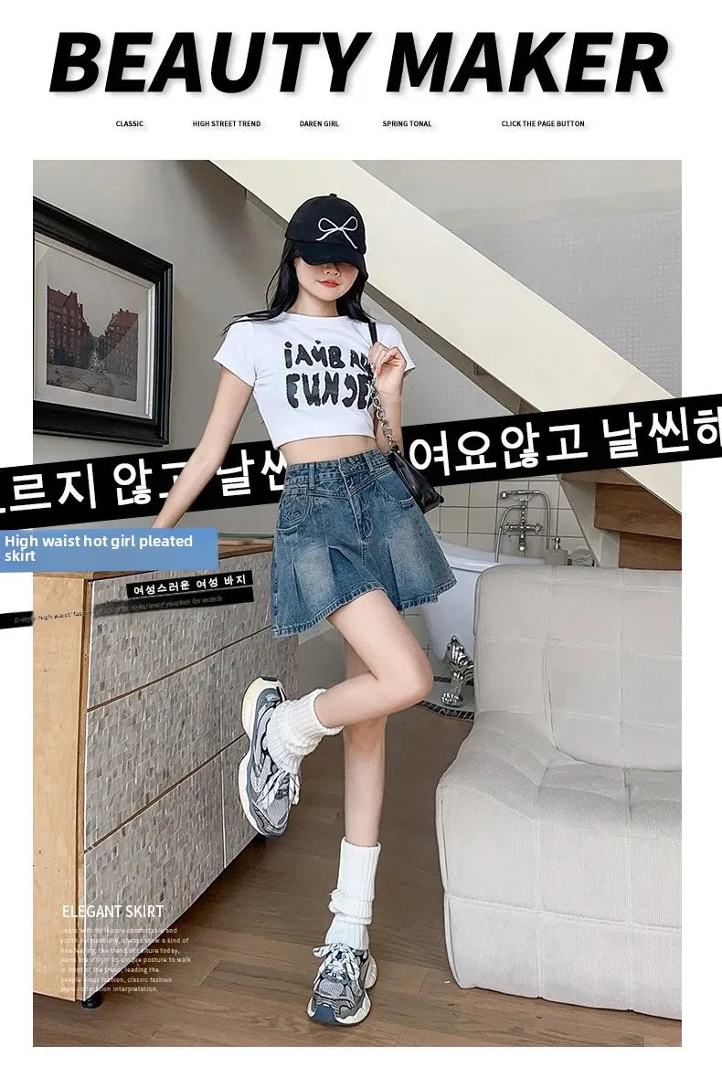 Fashionable High Waist A- Line Mini Skirt Women's Summer New Style American Retro Denim Skirts Cotton Slimming Pleated Skirts