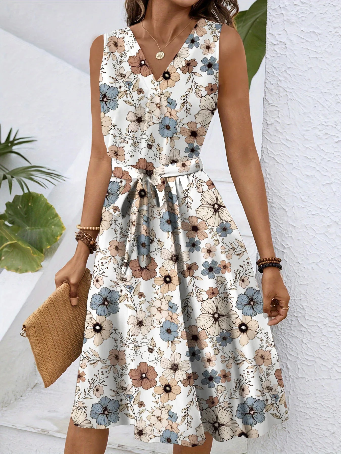 Dress Women Flower Print Dresses Sleeveless V Neck Lace Up Tight Waist Knee Length A Line Office Lady 2025 Summer Vestidos