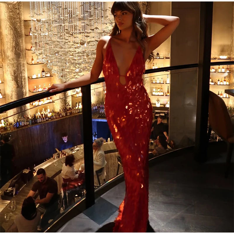 Women Sequin Sling Maxi Dress V-neck Solid Backless High Waist Sleeveless Dresses 2025 Fashion New Summer Lady Party Robes