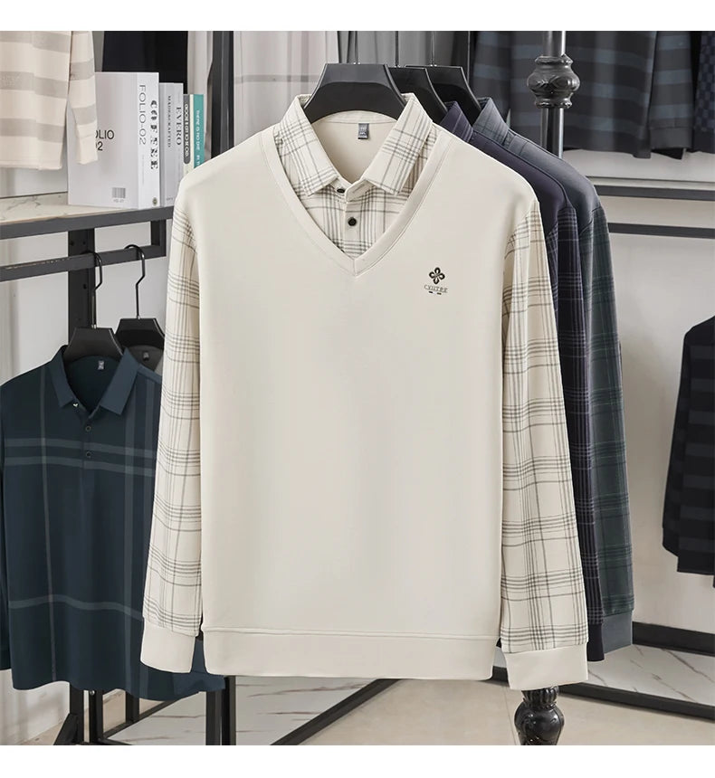 TFETTERS Long Sleeve Polo Shirt Men 2025  Autumn New Business Slim Fake Two Shirt Man Casual Loose Plaid Graphic Shirt for Men