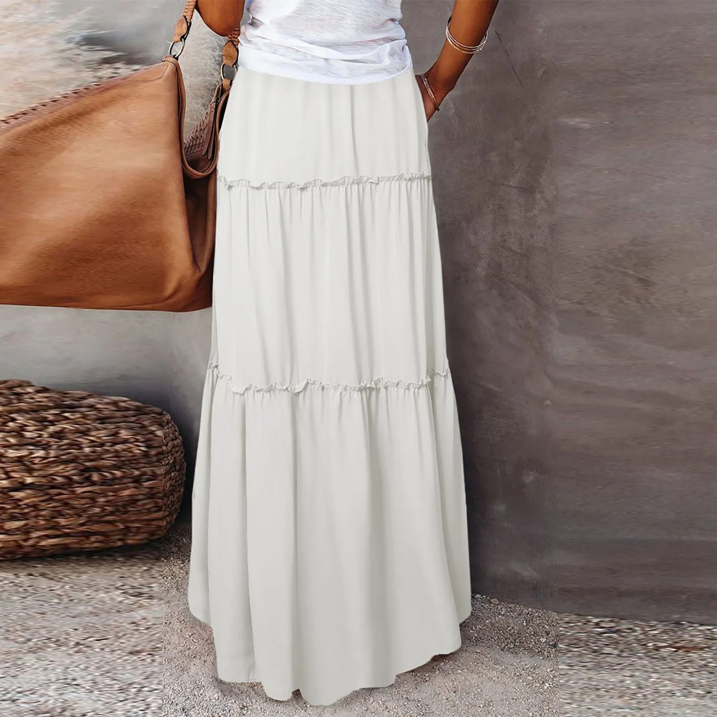 Women long skirt Fashion Solid Color Long Skirts Elastic Waist faldas Loose Casual High Waist saia Versatile Half-Body Dress