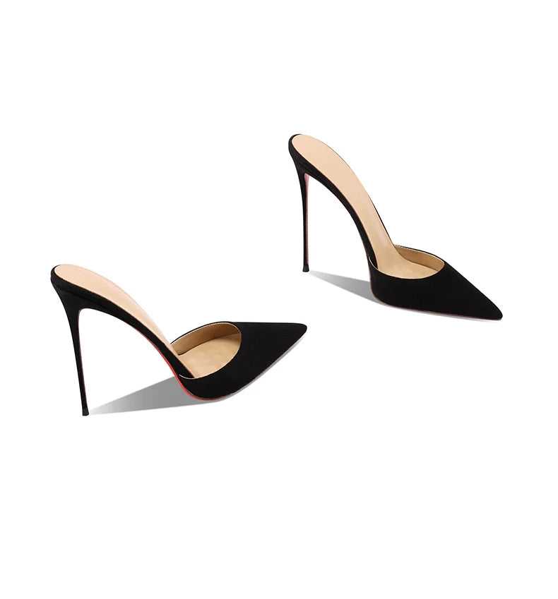 2025 new black suede high-heeled slippers with a warm and sexy temperament, pointed red bottom and slim heels for women