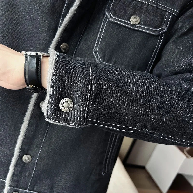 Men Denim Jacket Men Fleece Trendy Winter Velvet Coats 2025 Men Korean Slims Casual Thick Jacket Male Lamb Fur Casual Outerwear