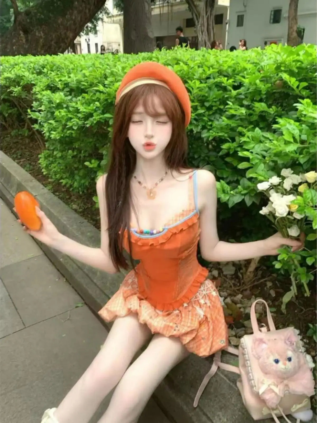 College Style Womens Retro Mini Skirt Orange Lace Striped Plaid Bud Skirt Y2k Millennium Summer Sweet Slim Dopamine Suspender