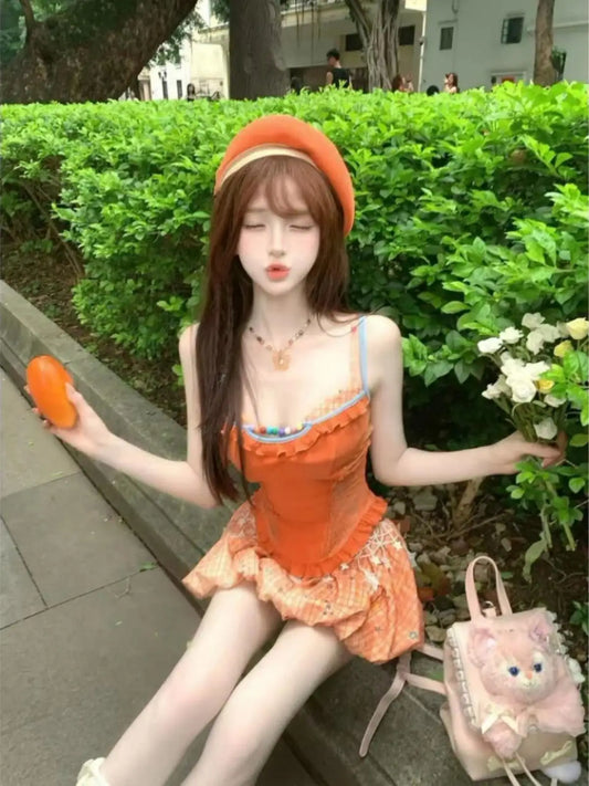 College Style Womens Retro Mini Skirt Orange Lace Striped Plaid Bud Skirt Y2k Millennium Summer Sweet Slim Dopamine Suspender