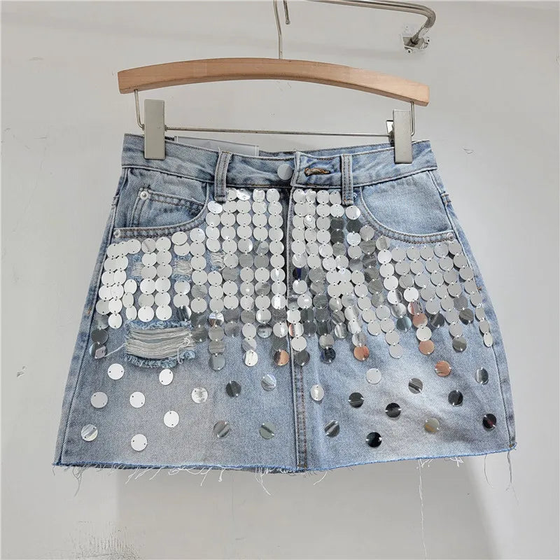 Summer new high waisted A-line sequins raw edges denim skirt for women