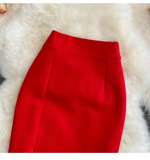 High Waist Midi Skirt Women's OL Profional Slimming Side Slit Wrap around A-Line One Step Skirt Korean Sle Commute Pure ...