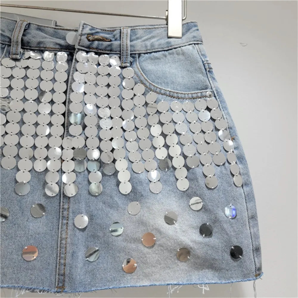 Summer new high waisted A-line sequins raw edges denim skirt for women