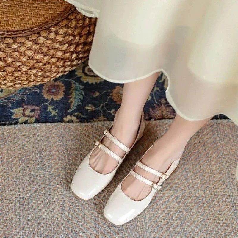 French Elegance Patent Leather Slip-On Mary Jane Shoes Retro Wine Red Buckle Strap Low Heel Thick Heel Single Shoes
