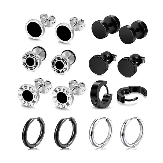 1-8 Pairs of Stainless Steel Earrings Set, MEN'S Earrings, Personalized Dumbbell Black Earrings, Cross-border Hot Selling Set