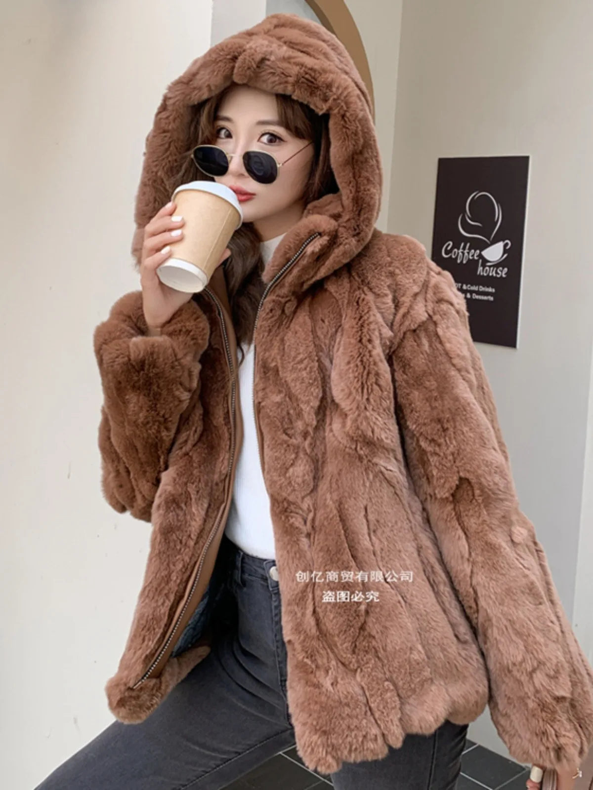 100% Real Rabbit Fur Coat Women Winter Loose Hooded Zipper Natural Fur Jacket Thick Warm Woman Clothing Female Furry Outerwears