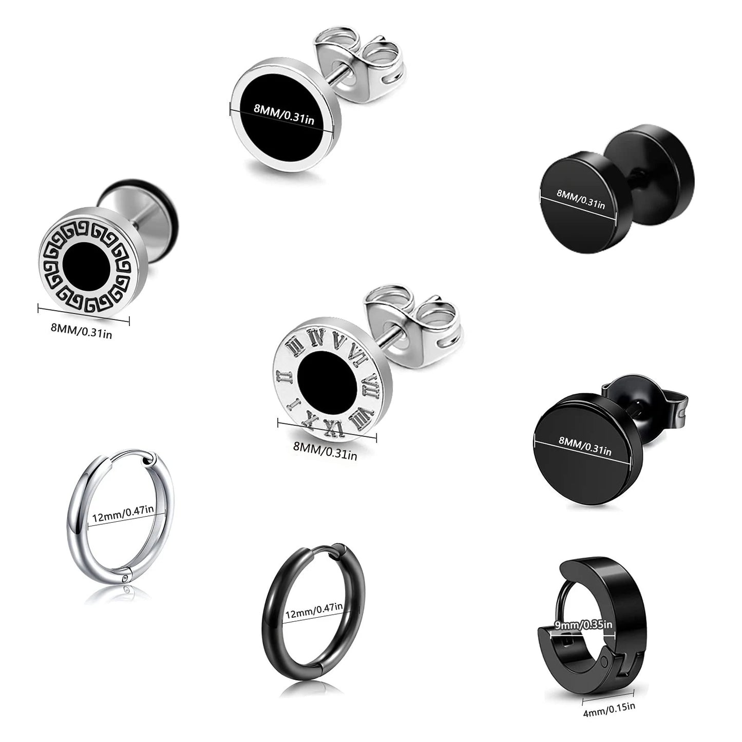1-8 Pairs of Stainless Steel Earrings Set, MEN'S Earrings, Personalized Dumbbell Black Earrings, Cross-border Hot Selling Set
