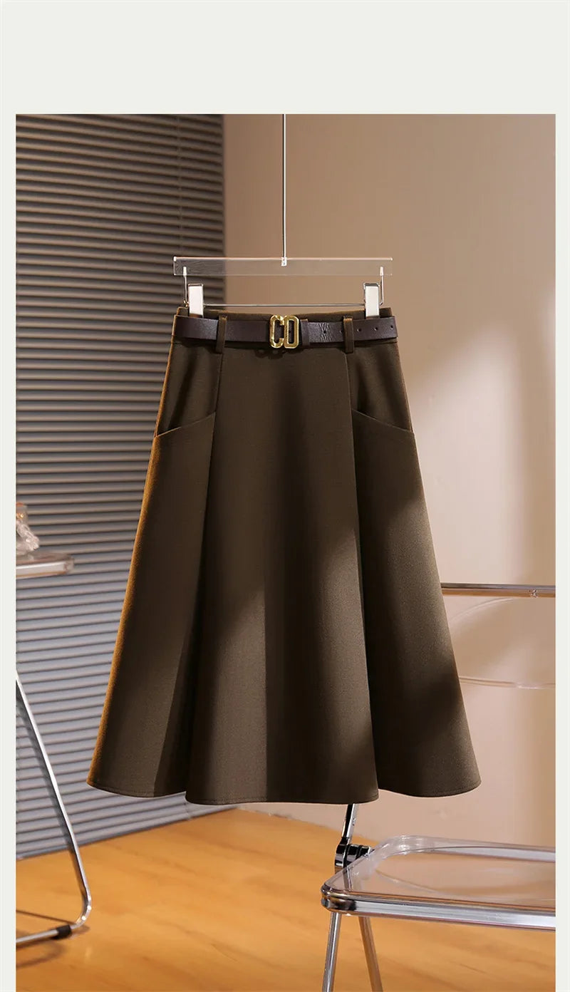 New Spring Autumn Fashion Skirt Women Elegant High Waist Solid Color A-line Casual Midi Skirts Office Lady Women's Clothing