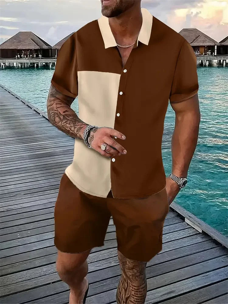 3D Printed Geometric Pattern Men's Shirt Colour Blocking Fashion Button Down Collar Short Sleeve Men's Hawaii Suit Summer Shirt