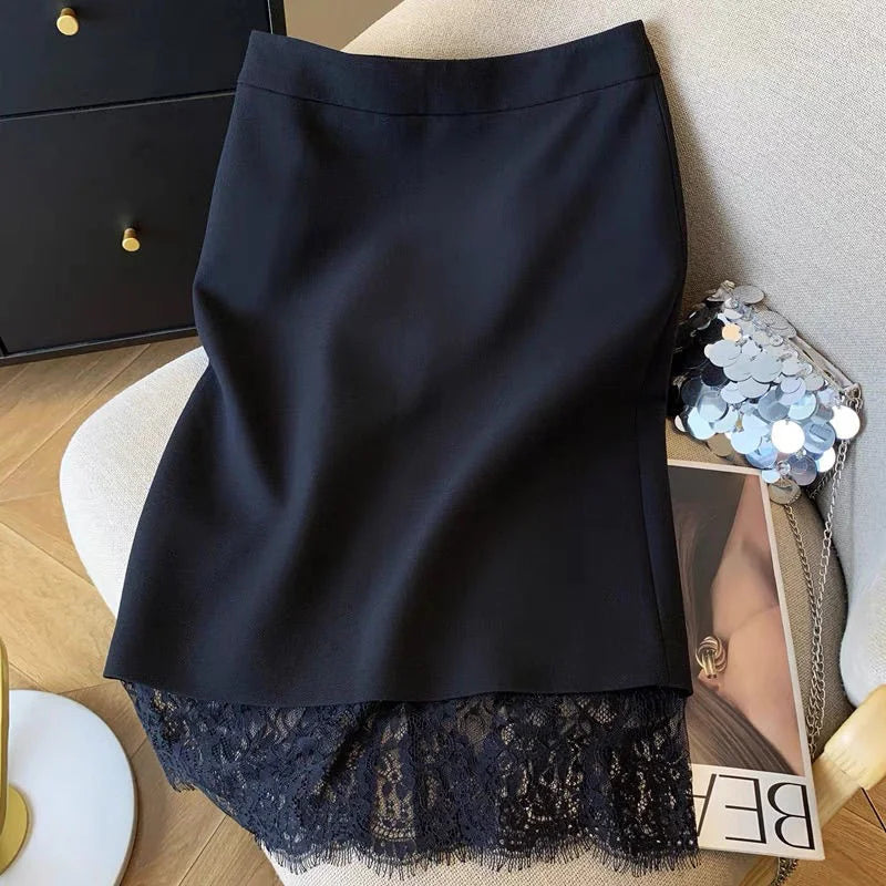 Autumn New Sexy Women's Slim Temperament Bag Hip Skirt Elegant Lace Patchwork Office Lady Midi Skirt Fashion Split Jupe 432P