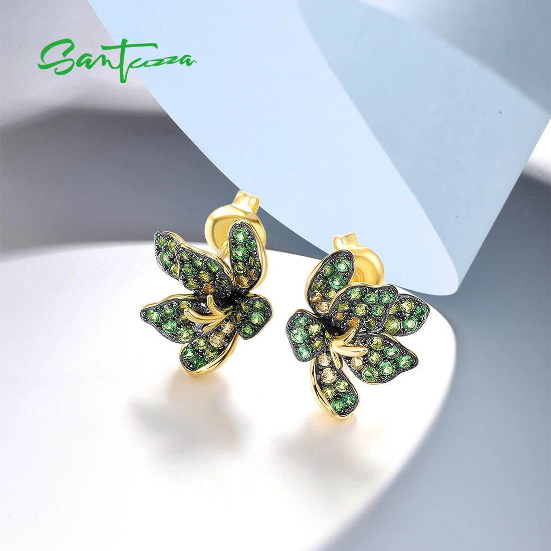 SANTUZZA Authentic 925 Sterling Silver Earrings For Women Sparkling Green Spinel Exaggerate Lili Flower Party Gifts Fine Jewelry