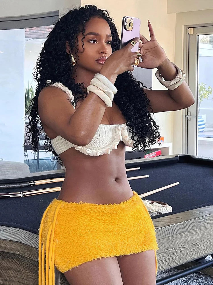 Weird Puss Sexy Furry Side Tassel Skirts Women Y2K Peach Hip Summer Solid Wild Basic Hipster Streetwear Skinny Slim Mini Bottom