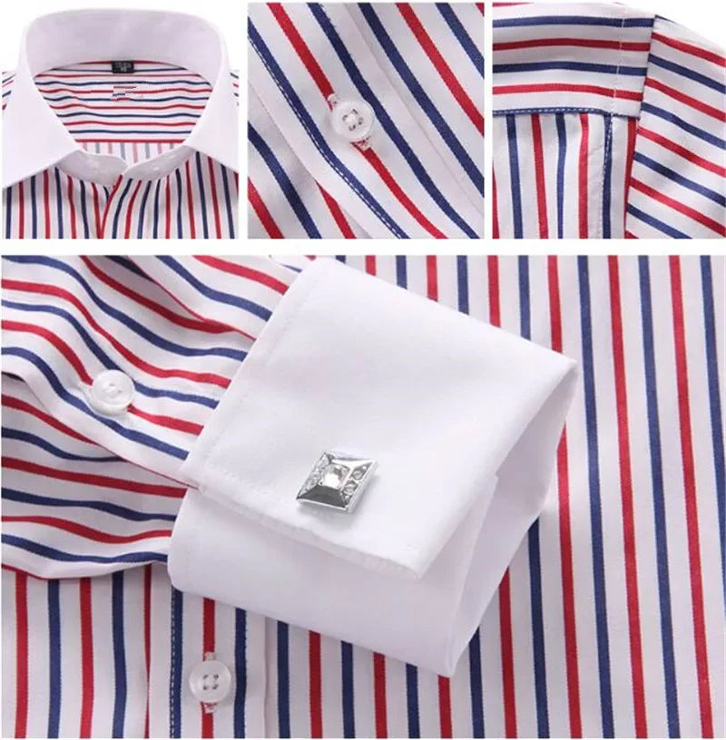 Quality Men Casual Slim Fit Shirt Mens Long Sleeve Business Dress Shirts French Cufflinks Shirt Male Striped Shirt