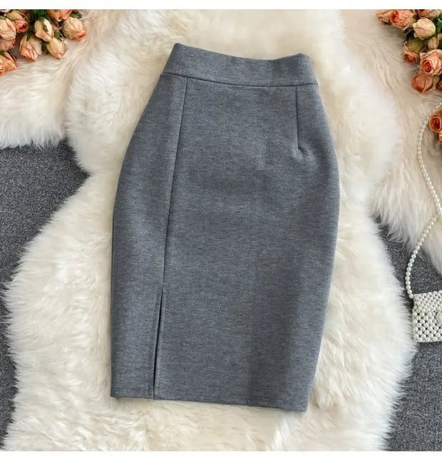 High Waist Midi Skirt Women's OL Profional Slimming Side Slit Wrap around A-Line One Step Skirt Korean Sle Commute Pure ...